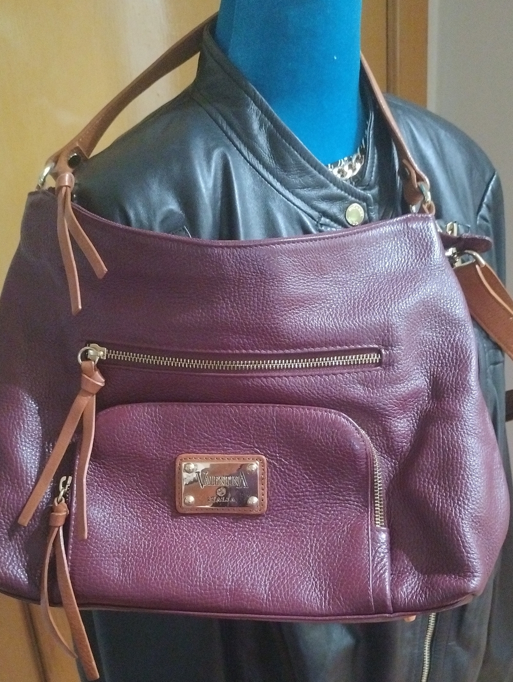 Valentina Italia Pebbled Leather Shoulder Bag and Tan Accents